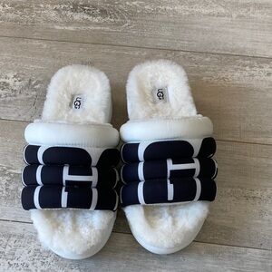 UGG Black and White Fuzzy Slides